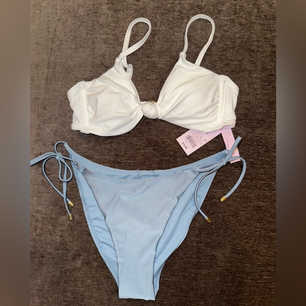Shade & Shore White Knot Bikini Top with Light Blue Tie-Side Bottoms